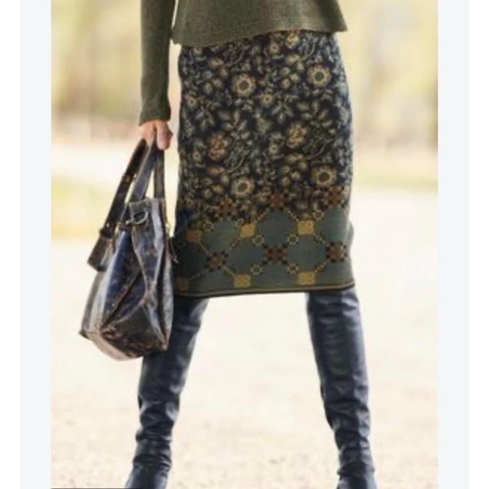 Peruvian Connection Pima Cotton Knee Length Skirt Size S Floral Diamond Border